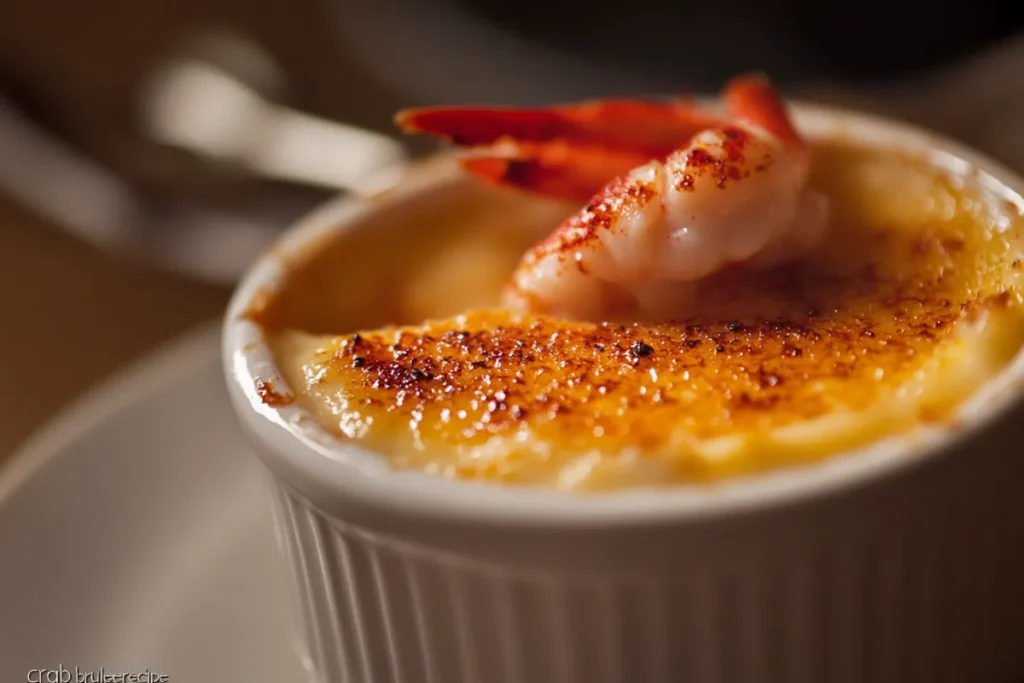 A close-up of a gourmet crab brûlée served in a white ramekin, topped with caramelized crust and garnished with a cooked shrimp.