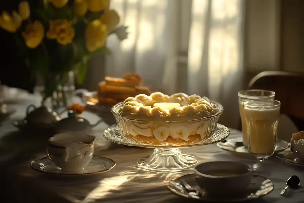 A creamy Magnolia dessert made of pudding, Nilla wafers, and bananas, layered in a trifle dish.