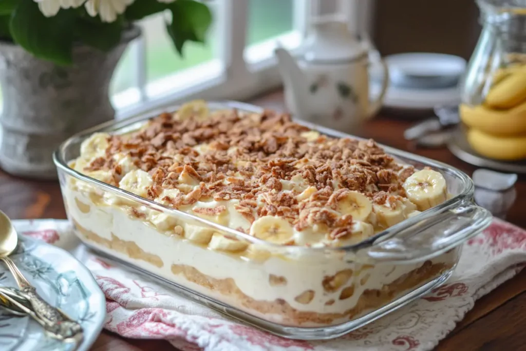 A bowl of Magnolia banana pudding with layers of creamy vanilla pudding, fresh banana slices, and vanilla wafers, served chilled.