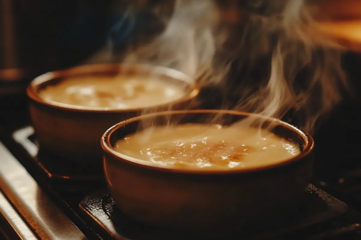 Dairy-free crème brûlée made with coconut cream, topped with toasted coconut flakes and served in a ramekin.