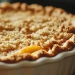 A freshly baked peach crumble with a golden, buttery topping, served in a rustic dish with a side of vanilla ice cream, highlighting the contrast of textures.