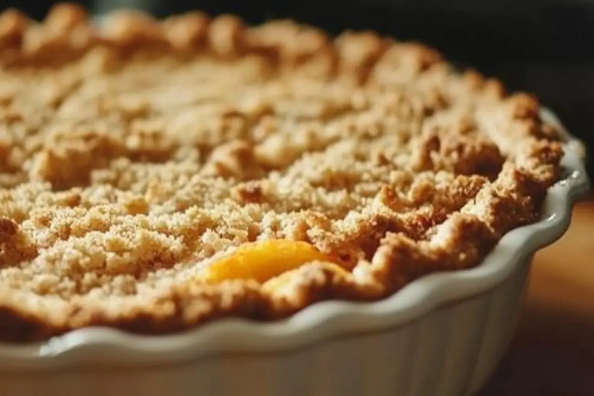 A freshly baked peach crumble with a golden, buttery topping, served in a rustic dish with a side of vanilla ice cream, highlighting the contrast of textures.