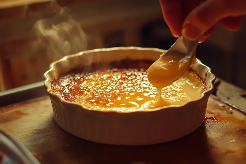 A classic crème brûlée served in a white ramekin with a perfectly caramelized golden sugar topping.