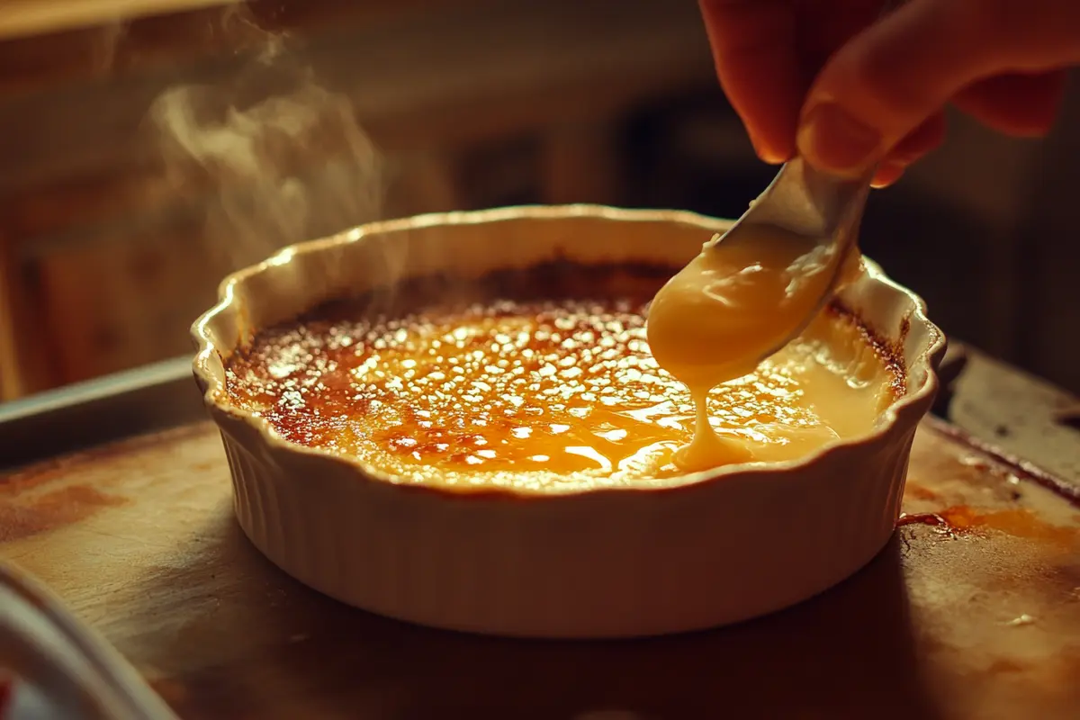 A classic crème brûlée served in a white ramekin with a perfectly caramelized golden sugar topping.