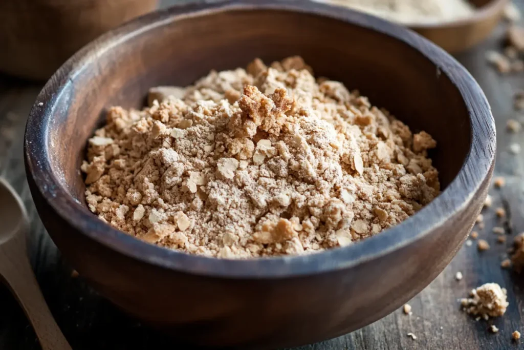 A freshly baked apple crumble in a rustic baking dish, featuring a golden, crispy topping and a warm, bubbling fruit filling, served with a scoop of vanilla ice cream on top.
