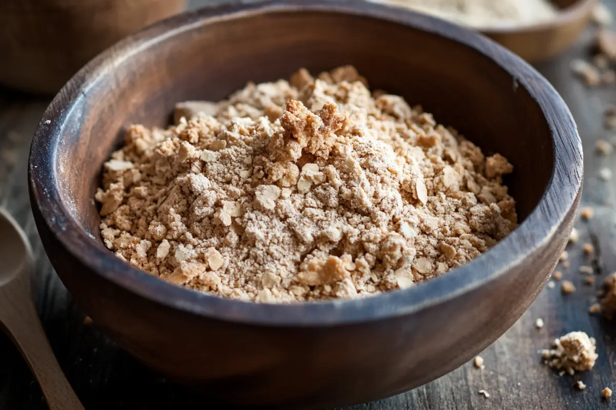 A freshly baked apple crumble in a rustic baking dish, featuring a golden, crispy topping and a warm, bubbling fruit filling, served with a scoop of vanilla ice cream on top.