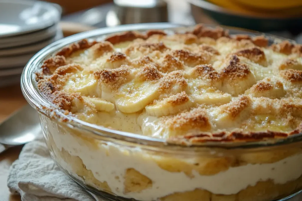 Freshly prepared banana pudding with vibrant yellow banana slices layered with creamy pudding and vanilla wafers, garnished with whipped cream.