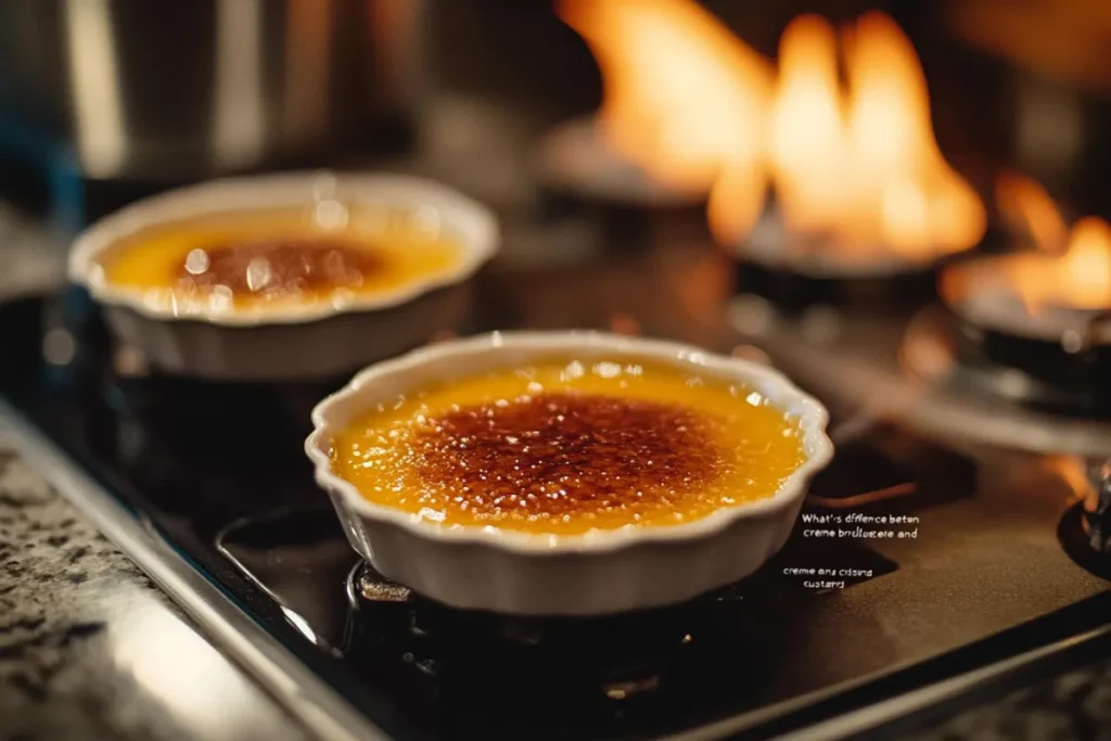 Close-up of freshly caramelized crème brûlée in white ramekins, with a golden-brown sugar crust and flames in the background
