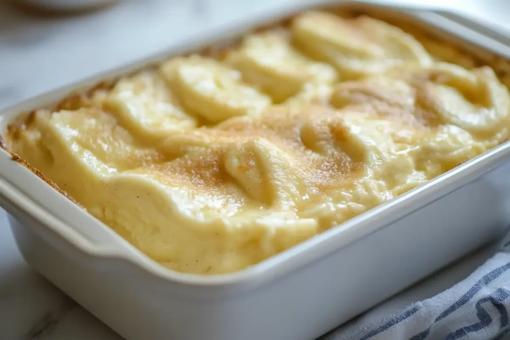 A layered Magnolia Banana Pudding dessert in a glass dish, featuring creamy pudding, ripe banana slices, and Nilla wafers, garnished with a dollop of whipped cream.