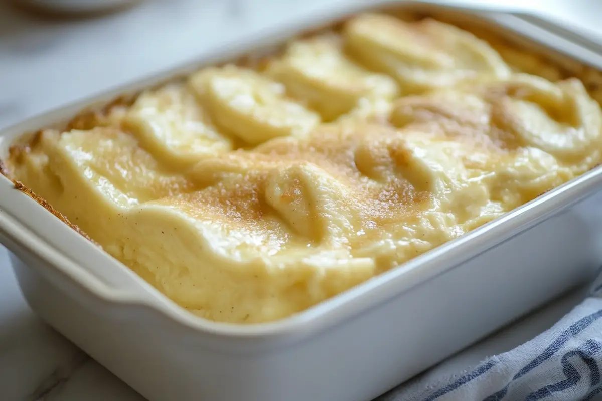 A layered Magnolia Banana Pudding dessert in a glass dish, featuring creamy pudding, ripe banana slices, and Nilla wafers, garnished with a dollop of whipped cream.