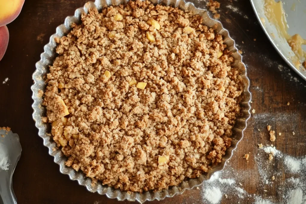 A freshly baked peach crumble in a ceramic dish with a golden, crispy topping, surrounded by fresh peaches and a serving spoon.